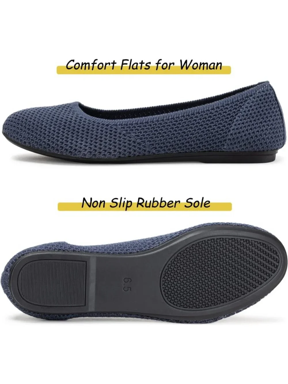 Women's Navy Blue Round Toe Knit Low Wedge Slip On Ballerina Ballet Flat Shoes